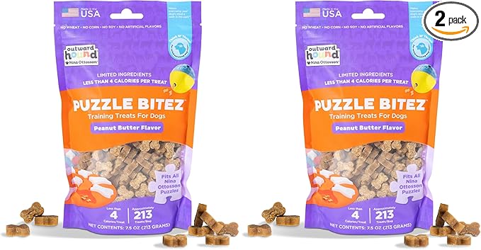 Outward Hound by Nina Ottosson Puzzle Bitez USA Made Dog Treats,Peanut Butter Flavor,Bite-Sized Training Reward and Interactive Puzzle Toy Treats,7.5oz,(Pack of 2)
