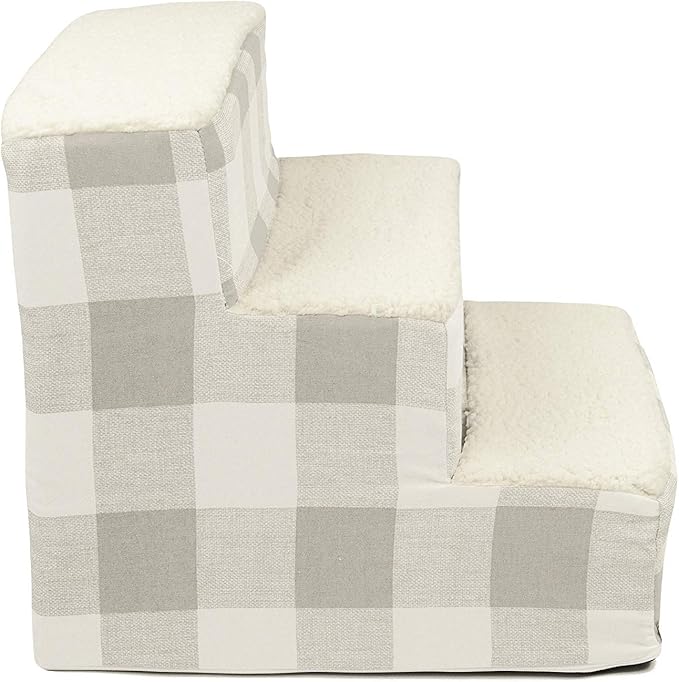 Majestic Pet 3 Step Portable Dog Stairs for Small Dogs to get on Bed Supports 250 lbs or Less – Dog Steps for High Bed with Machine Washable Cover –Pet Stairs for Cats Anderson Check Light Gray