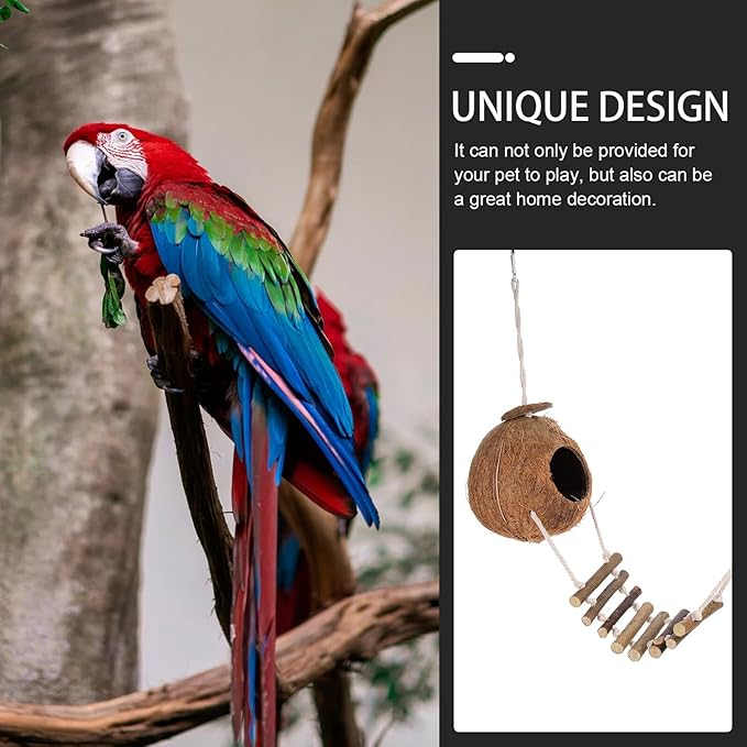 Mobestech Hanging Coconut Shell Hideout Shelter for Leopard Gecko and Small Pets, Decorative Wear-Resistant Nest with Fur Lining, Hamster and Bird Cage Accessory for Reptile Habitat