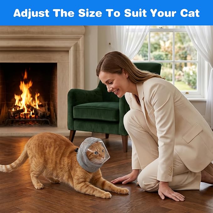 Adjustable Cat Muzzle for Grooming Biting Prevention Breathable TPU Cats Pet Head Cover Cats Helmet for Grooming with Transparent Anti-Bite Bubble Muzzle for Nail Trimming Bathing Vet Visits(M)