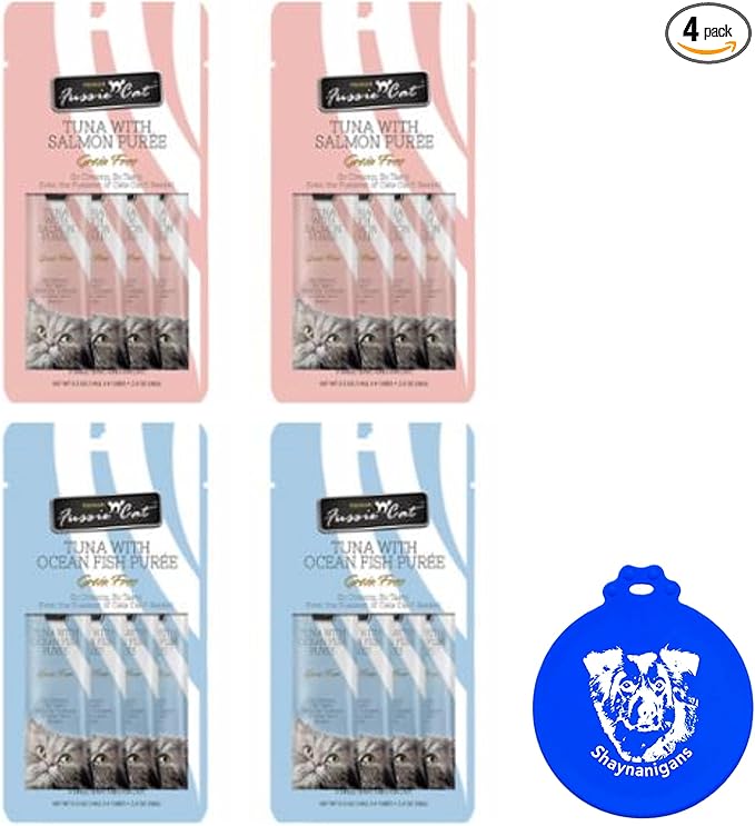 Fussie Cat Puree Grain Free Lickable Treat in 2 Flavors: (2) Tuna with Salmon and (2) Tuna with Ocean Fish (4 Four-Tube Packs, 16 Tubes Total, 0.5 Ounce per Tube) Plus Shaynanigans Silicone Lid