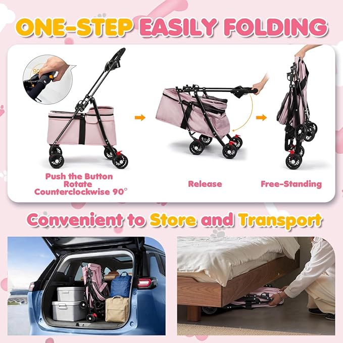 Dog Stroller, 4 Wheels Pet Stroller for Small Dogs & Cats, One-Click Foldable Cat Strollers Up to 33 Ibs with Sun Shades, Cup Holder and Breathable Mesh, Easy Assembly