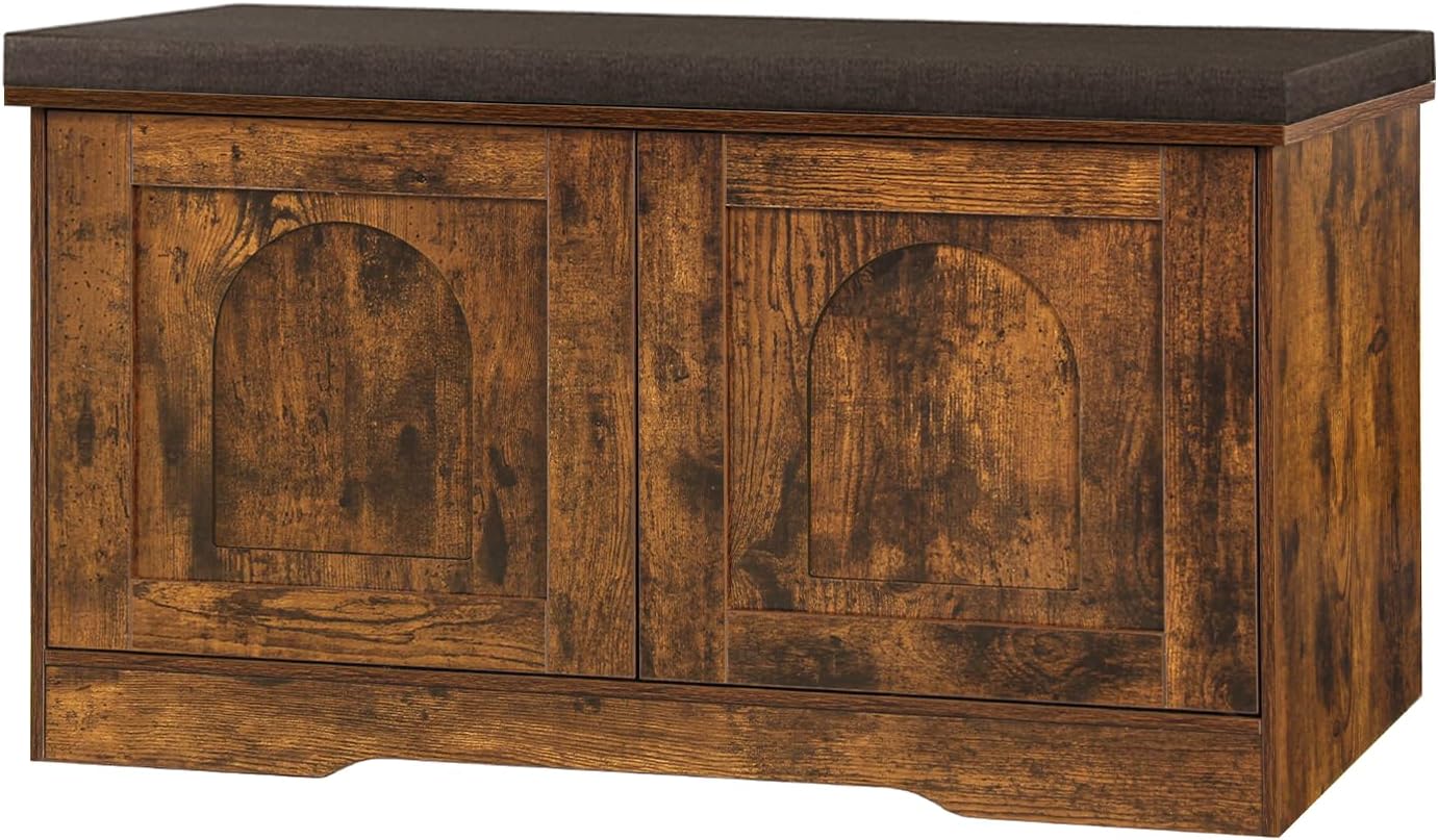 DINZI LVJ Shoe Bench, Entryway Storage Bench with Doors, Cushion, 2-Tier Shoe Rack with 6-Cubby, 31.5”L x 13.8”W Shoe Organizer Cabinet, Adjustable Shelf, Living Room, Bedroom, Rustic Brown