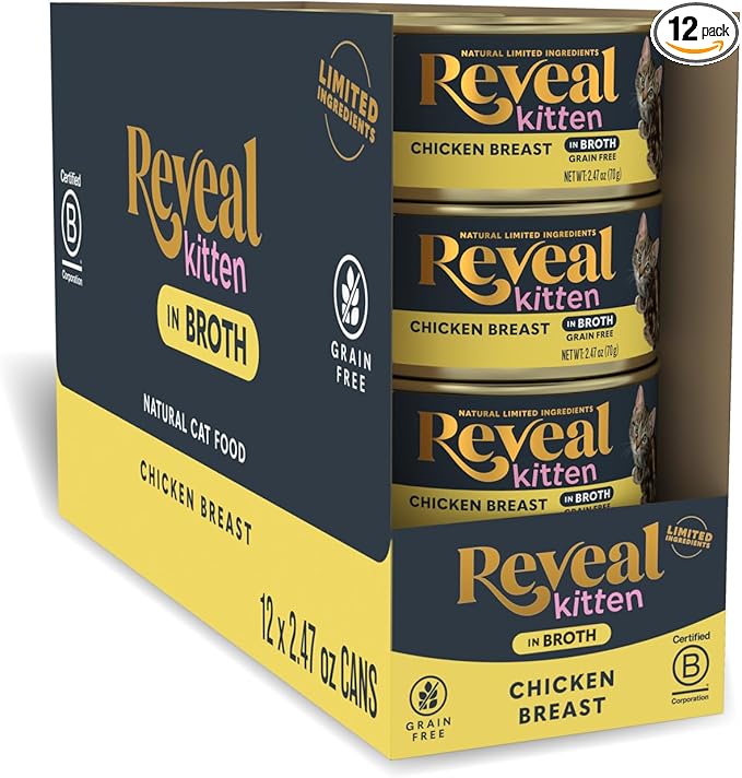 Reveal Natural Wet Kitten Food, Limited and Natural Ingredients, Grain Free, High Protein with No Artificial Additives, Chicken Breast in Broth (12 x 2.47 oz Cans)