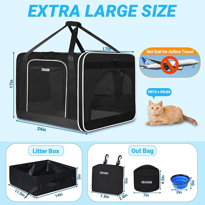 Petskd Extra Large Cat Carrier with Wheels and Litter Box 24"x17"x17" for Large Cat or 2 Small Cats, Soft-Sided Cat Carrier with Lockable Safety Zippers(Black)