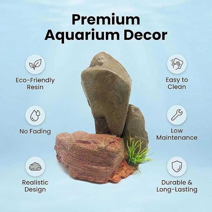 Mipukbay Medium Aquarium Decor Rock, Resin Fish Tank Artificial Stone Ornament for Freshwater/Saltwater, Safe Landscape Hideout for Betta Fish, Goldfish and Aquatic Pets