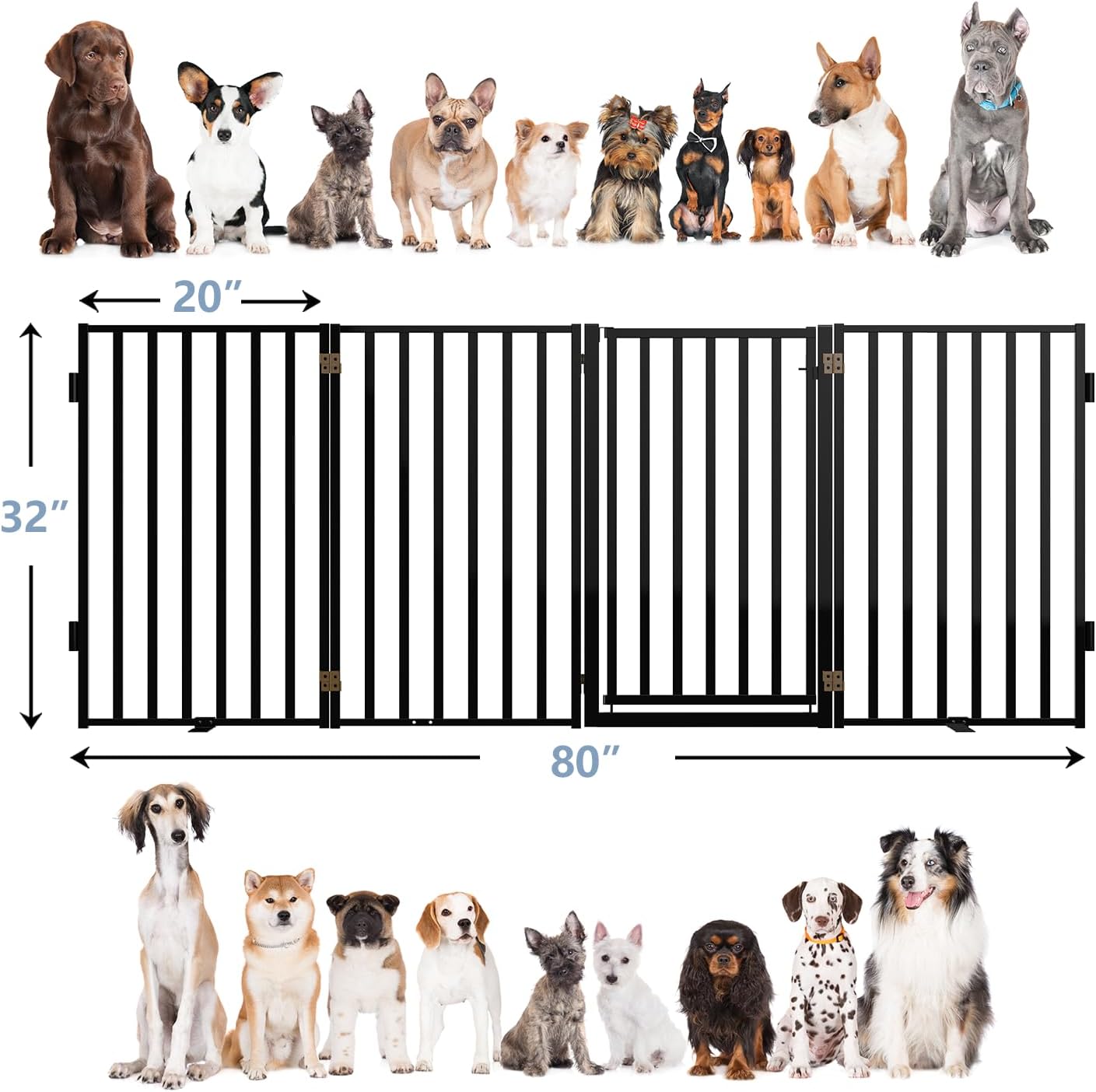 Free Standing Dog Gate with Door for Indoor Outdoor, Portable Dog Fence Foldable Design, Metal Black 32" Tall, Expandable 4 Panels Use for Front Door, Yard, Stairs