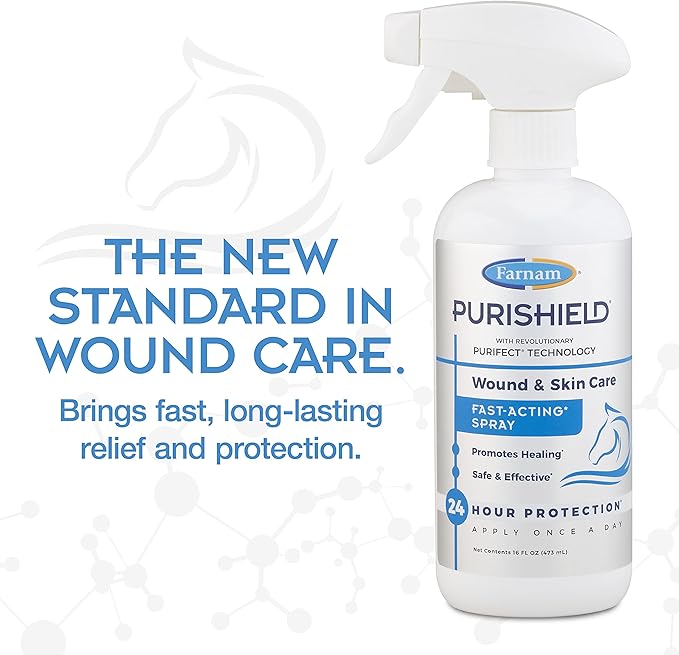Farnam Purishield Wound & Skin Fast Acting Spray, All-purpose cleaner with 24 hour protection promotes healing and skin repair for horses, dogs, cats and livestock, 16 Ounces