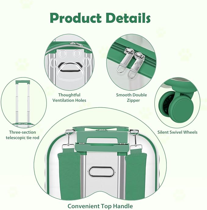 Cat Carrier Backpack with Silent Wheels, Clear Cat Stroller with Ventilation Holes, Telescopic Handle, Convenient Portable Cats Dogs Backpack for Travel (Green-B)