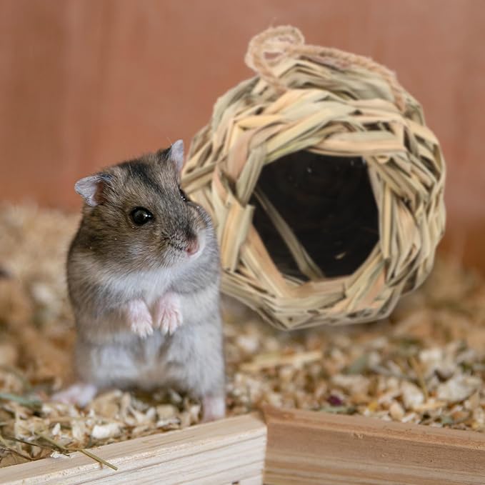 Mipcase Hand-Woven Straw Hamster Hideout and Bird Nest Small Animal Shelter Natural Straw Hut for Hamsters and Birds Cage Accessory Habitat