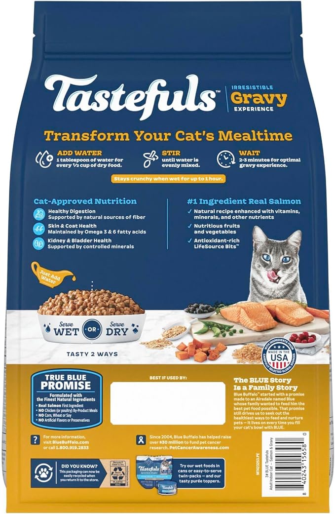 Blue Buffalo Tastefuls Irresistible Gravy Experience Adult Indoor Cat Dry Food, Salmon & Brown Rice Recipe, 3-lb. Bag