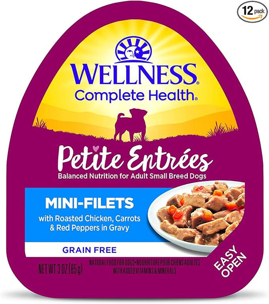 Wellness Petite Entrees Mini Filets Small Breed Adult Wet Dog Food, Grain Free, Natural, Roasted Chicken, Carrots, and Red Peppers, 3 oz, Pack of 12 Cups