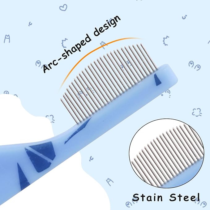 Andiker Small Dog Comb, Cat Comb with Curved Stainless Steel Rounded Tips Fine Tooth Ergonomic Handle Practical Pet Comb for Dogs Cats Grooming Removing Tear Stain (Blue)