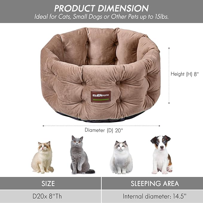 ClevaHome Deep Nest Cat Beds for Indoor Cats, Washable Round Cat Bed, Cute Kitten Bed with Anti-Slip Bottom for Kitty and Puppy, 20inches, Warm Beige