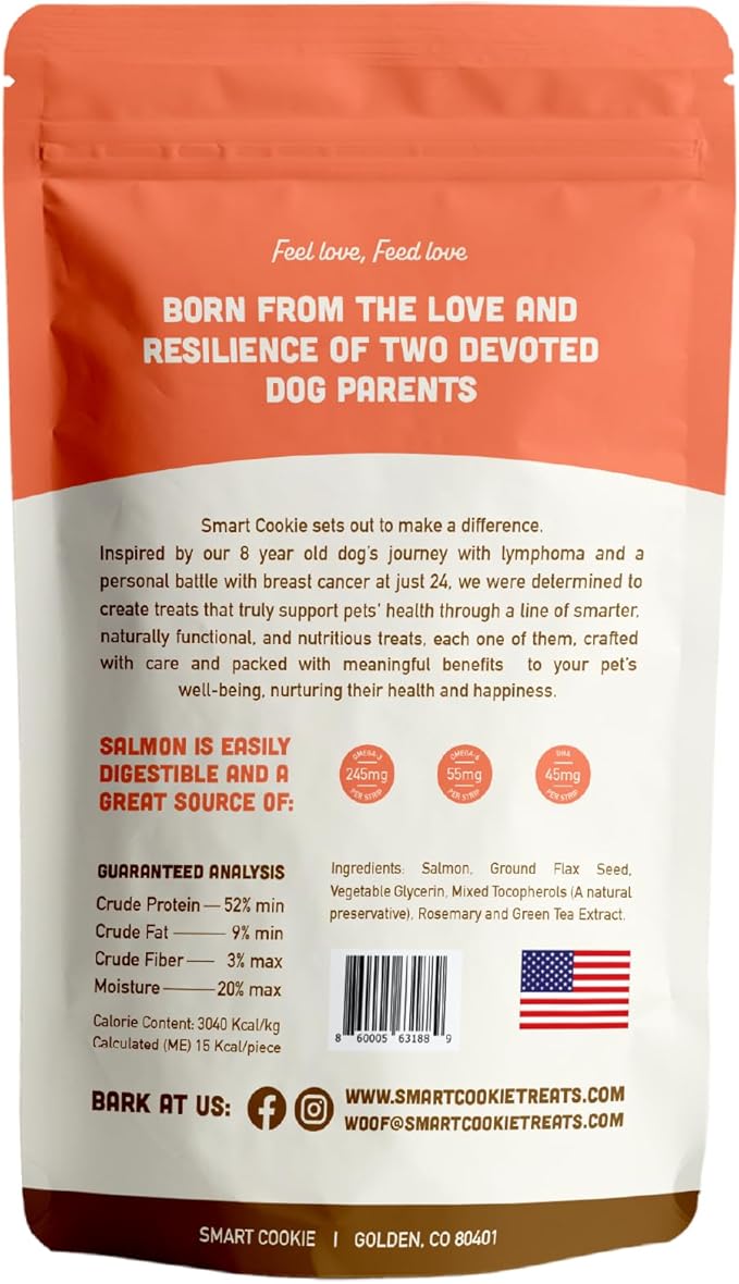 Smart Cookie Salmon Jerky Dog Treats - DHA, Omega Strips for Dogs & Puppies with Allergies, Sensitive Stomachs with Wild Caught Alaskan Salmon- Dehydrated, Grain Free, Made in USA - 3oz Bag, Pack of 3