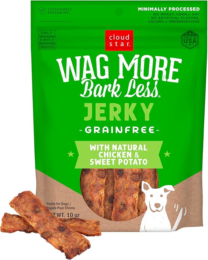 Cloud Star Wag More Bark Less Chicken & Sweet Potato Recipe Grain-Free Jerky Dog Treats 10 Ounce Bag, Model: 693804191113