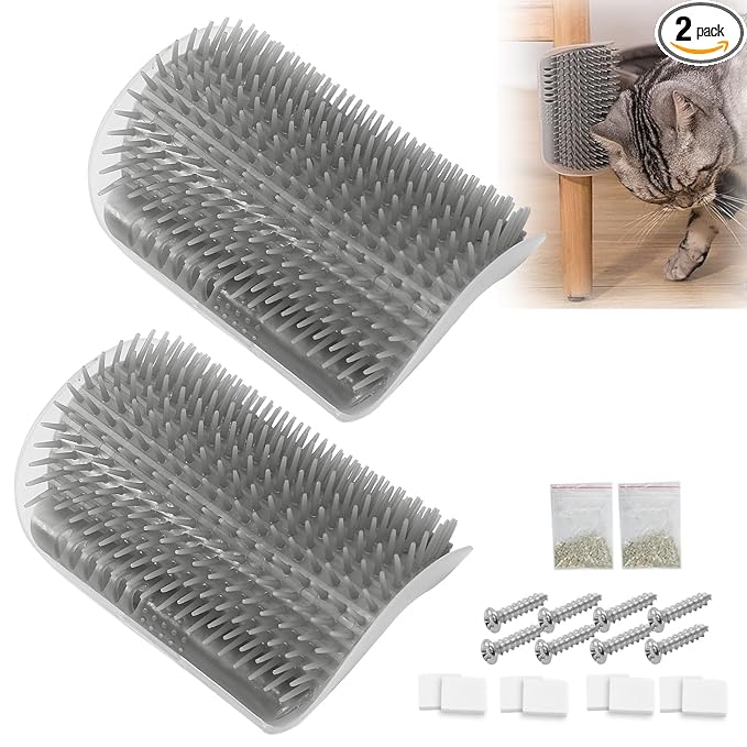2 Pack Cat Self Groomer with Catnip Pouch Grey Cat Grooming Massage Brush Soft Cat Brush Cat Massager for Indoor Cats