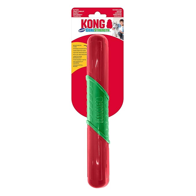 KONG Puppy Dog Toy, Holiday CoreStrength Rattlez Stick, Assorted, Large, Red/Green