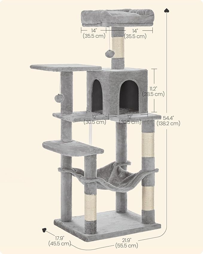 SONGMICS HOME Cat Tree for Indoor Cats, Multi-Level Cat Tower with Sisal Scratching Posts, Hammock and Condo, Light Gray