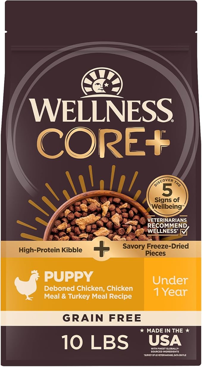Wellness CORE+ Puppy Dry Dog Food with Freeze Dried Pieces, Grain Free Kibble+, Natural, High Protein, Chicken and Turkey Recipe, 10 lb Bag