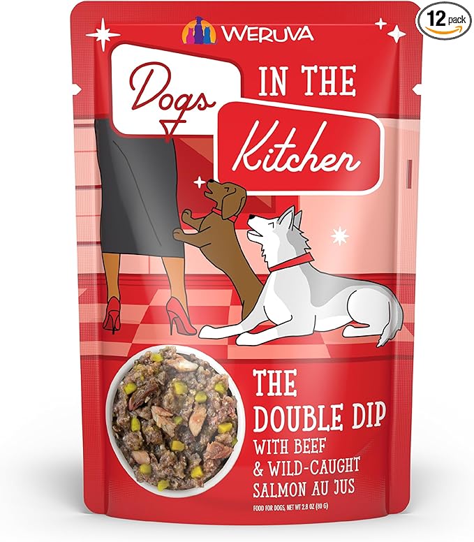 Weruva Dogs in the Kitchen, The Double Dip with Beef & Wild-Caught Salmon Au Jus Dog Food, 2.8oz Pouch (Pack of 12), Red