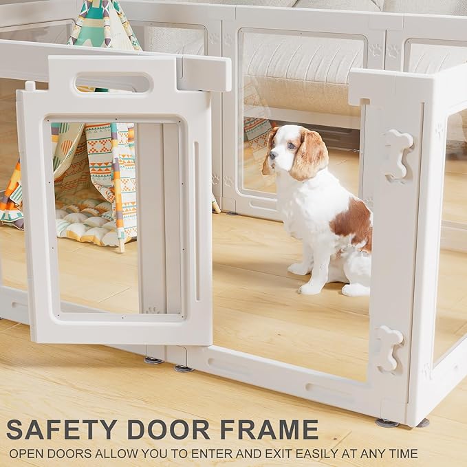Clear Acrylic Dog Playpen with Door,23.6" Puppy Playpen,Easy Assemble Pet Fence,10-Panel for Puppies/Small Dog Play Pen Indoor (White, 23.6 Inch-H, 10 Panel)
