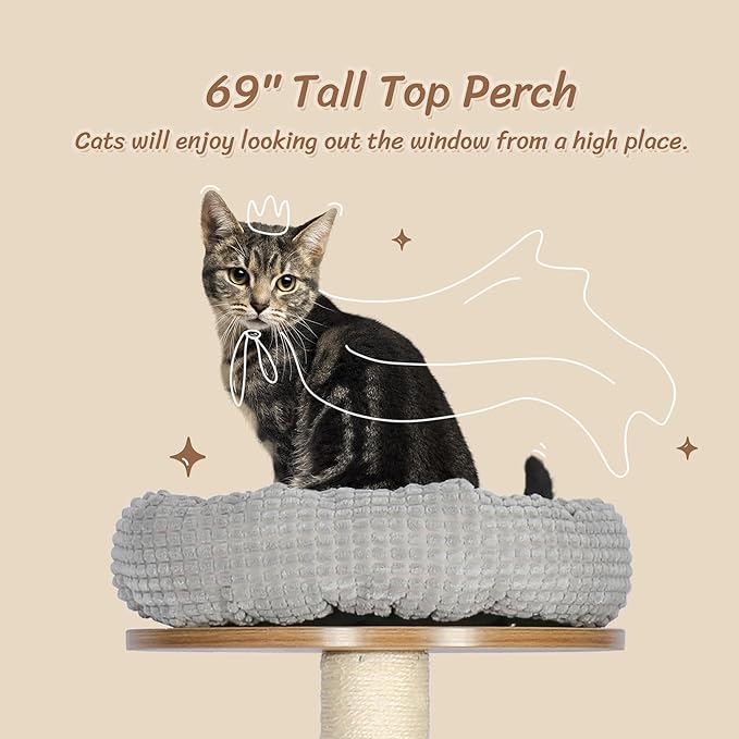 KAMABOKO 69”H Tall Wood Cat Tree, Large Cat Tower Multi-Level Platforms with Sisal Scratching Posts, Cat Condo for Large Cats 20 lbs Heavy Duty (69” H Wood Brown)