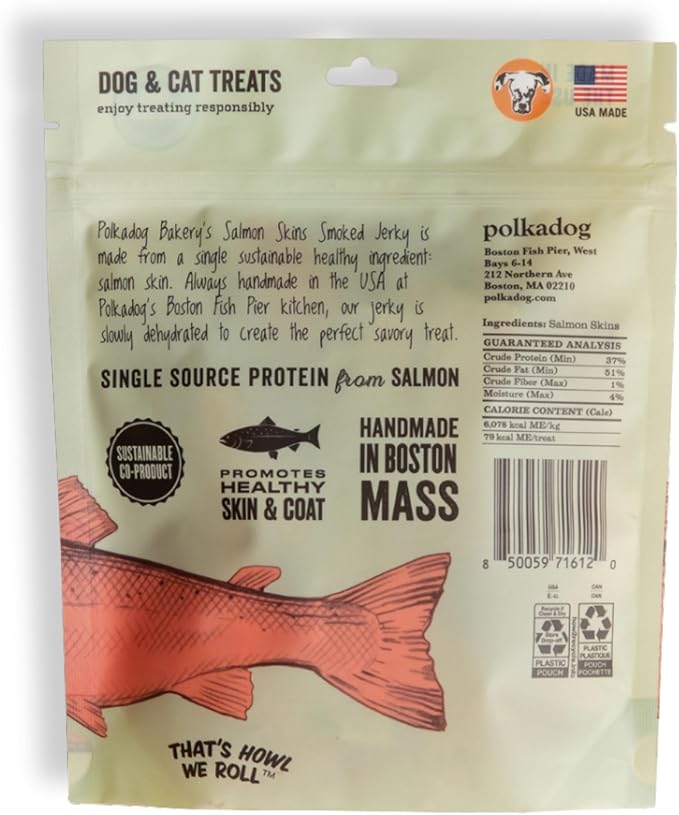 Polkadog Salmon Skin Dog Treats - All Natural, Single Ingredient Wild Fish, Premium Treats for Dogs, Omega-3 Rich, Great for Allergies, Grain-Free & Hypoallergenic, Made in USA - 3oz (1pk)