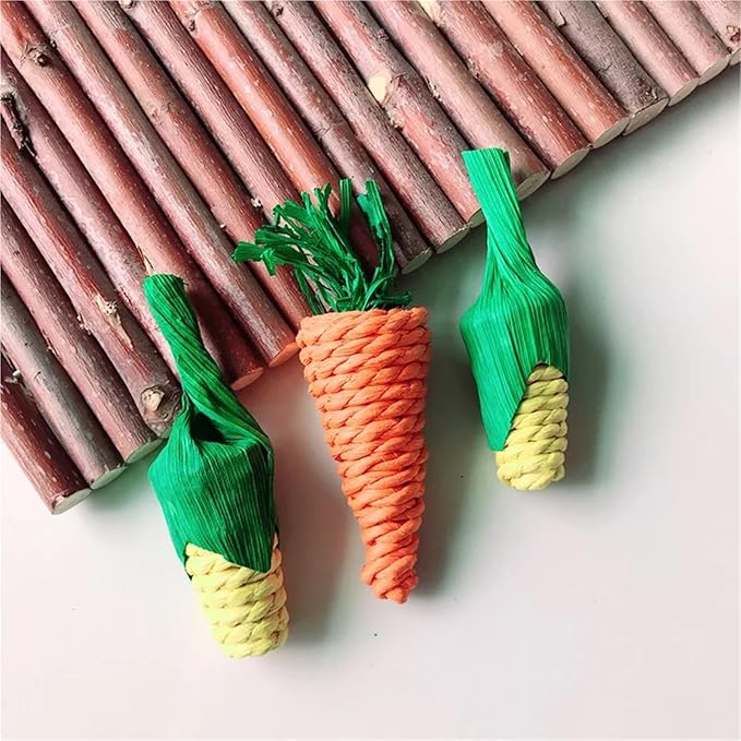 pureza Hand-Woven Straw Rope Chewing Toys for Parrots, Hamsters, and Rabbits - Carrot, Corn, and Rattan Ball Bird Cage Accessories(B Toy String)