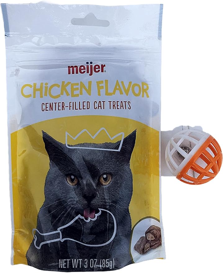 Meijer Center Filled Cat Treats Variety to Choose from 1-3 oz Bag Plus Cat Toy (Will Vary) (Chicken)