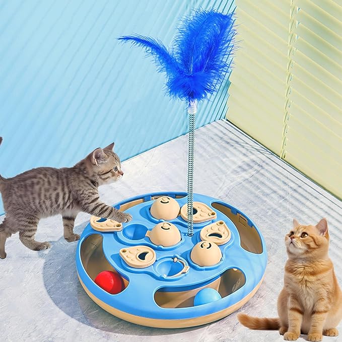 Cat Puzzle Toys Games Level 3 in 1 with Track Balls, Interactive Mentally Stimulating cat toys for IQ Training,Feather Teaser & Treat Feeder, Enrichment for Indoor Cats, Kitty Gift (Blue)