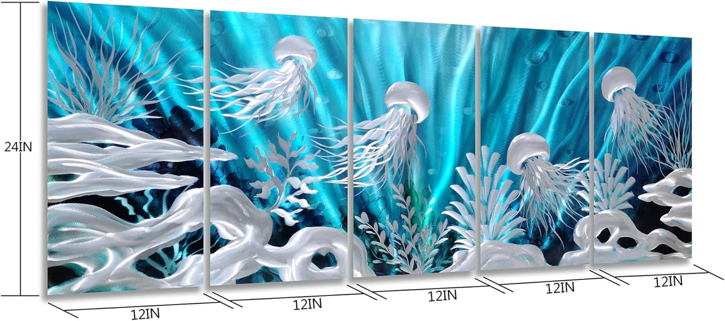 SYGALLERIER Jelly Fish Large Metal Wall Art Hand Grind Aluminum Artwork 3D Undersea World Coastal Pictures Nautical Decor for Living Room Bedroom
