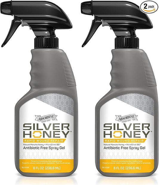 Absorbine Silver Honey Rapid Wound Repair Spray Gel 8oz Bottle, Manuka Honey & MicroSilver BG, Horse & Large Animal Wound Care (Pack of 2)
