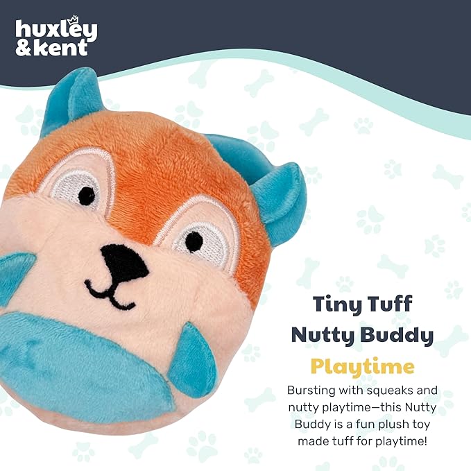 Huxley & Kent Funny Dog Toy w/Squeaker – Power Plush Squeaky Dog Toys for Small Dogs – Durable Small Stuffed Animal for Indoor Play & Fetch - Tiny Tuff Nutty Buddy