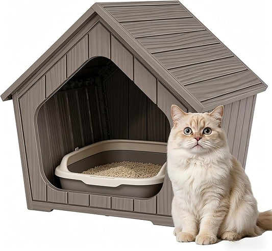 Multi-use Cat Litter Box Enclosure with Spacious Door, Plastic Hidden Litter Box & Cat Bed with Hidden Air Hole, Cabin-Style Cat House Suitable for Warm Outdoor and Indoor Use, Gray