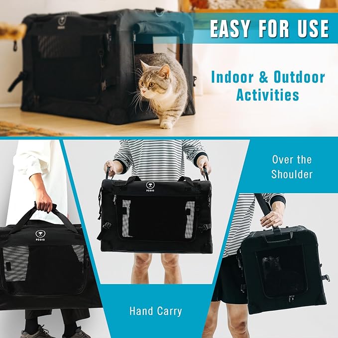 PEGIC Extra Large Cat Carrier for Car Travel, Soft Sided Collapsible Pet Carrier for Outdoor and Indoor Uses, Roomy Cat Carrier for 2 Kittens, Large Cat or Puppies up to 50lbs (Black)