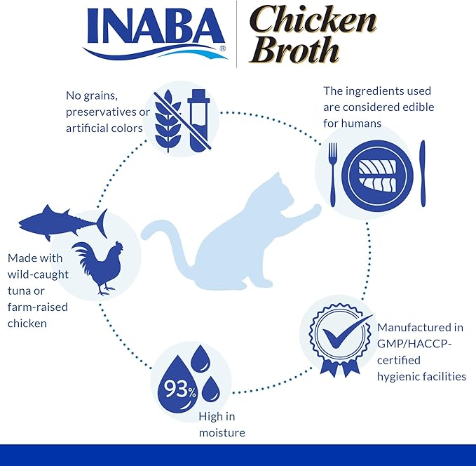 INABA Chicken Broth, Side Dish/Topper for Cats with Vitamin E, 1.76 Ounce Pouch, 8 Pouches Total, Chicken and Salmon Recipe