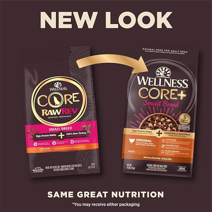 Wellness CORE+ Small Breed Adult Dry Dog Food with Freeze Dried Pieces, Wholesome Grain Kibble+, Natural, High Protein, Turkey and Chicken Recipe, 4 lb Bag