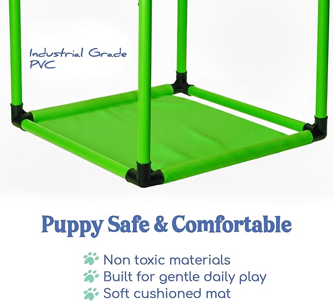Race&Herd Puppy Play Gym, Dog Play Mat, 8 Bungee Straps Interactive Puppy Active Toys - Small Dog Jungle Gym 19.5" Frame with Playground Set Indoor Enrichment Activity Center (Green)