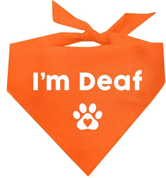 I'm Deaf Dog Bandana | 100% Adjustable Cotton Triangle | Made in USA | Deaf | Impaired | Hearing Loss Accessory | Warning | (Orange, OS 412)