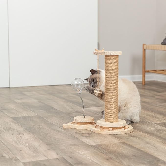 Trixie Oliver 18" Interactive Cat Scratching Post - 4-in-1 Indoor Small Cat Furniture with Jute Post, Treat Cup, Wooden Track & Hanging Ball