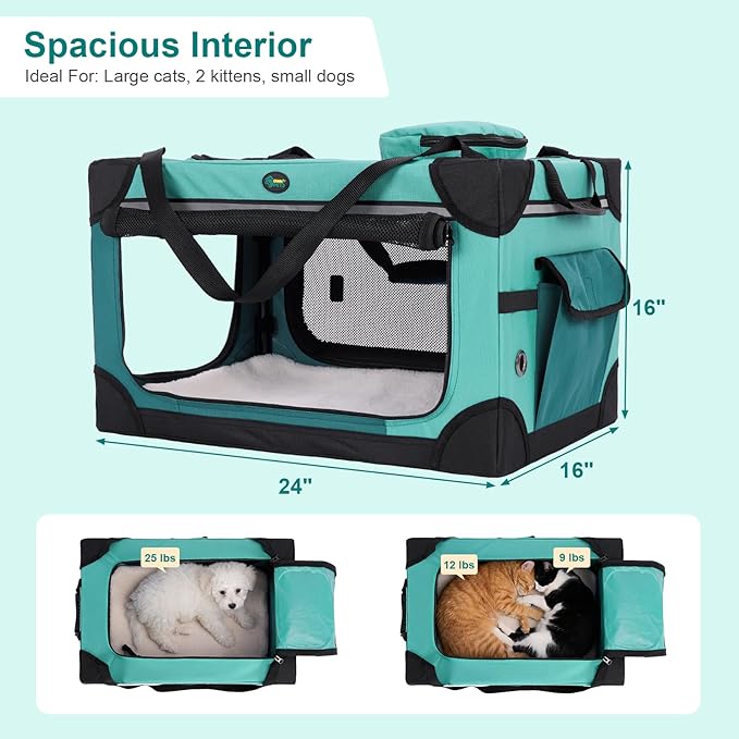 Ownpets Extra Large Cat Carrier for 2 Cats Small Dogs, 24 Inches Collapsible Soft Dog Crate for Car Travel, Portable Pet Carrier with Soft Mat
