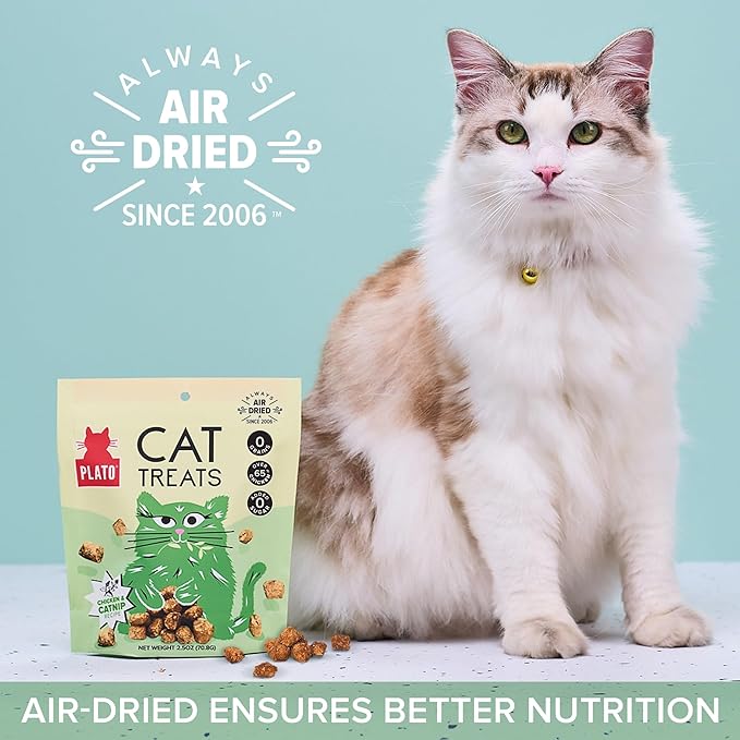PLATO Pet Treats Cat Treats - Single Ingredient, Healthy Chicken Catnip Treats for Indoor Cats - Air Dried - 2.5 oz (Pack of 2)