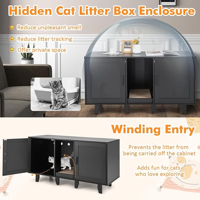 Giantex Cat Litter Box Enclosure - Cat Washroom Hidden Furniture with 2 Storage Cabinets, Removable Cat Scratcher, Air Vents, Detachable Legs, Wooden Pet Crate Indoor Cat House TV Stand (Black)