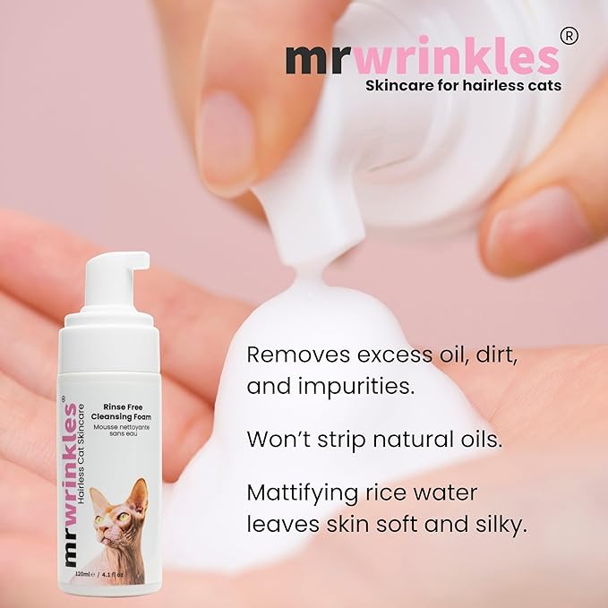 Sphynx Rinse Free Cleansing Foam - Wipe & Go Mattifying Rice Water & Honey Formulation, Natural & Lick-Safe, Shampoo Alternative for Hairless Cats, Made in Canada