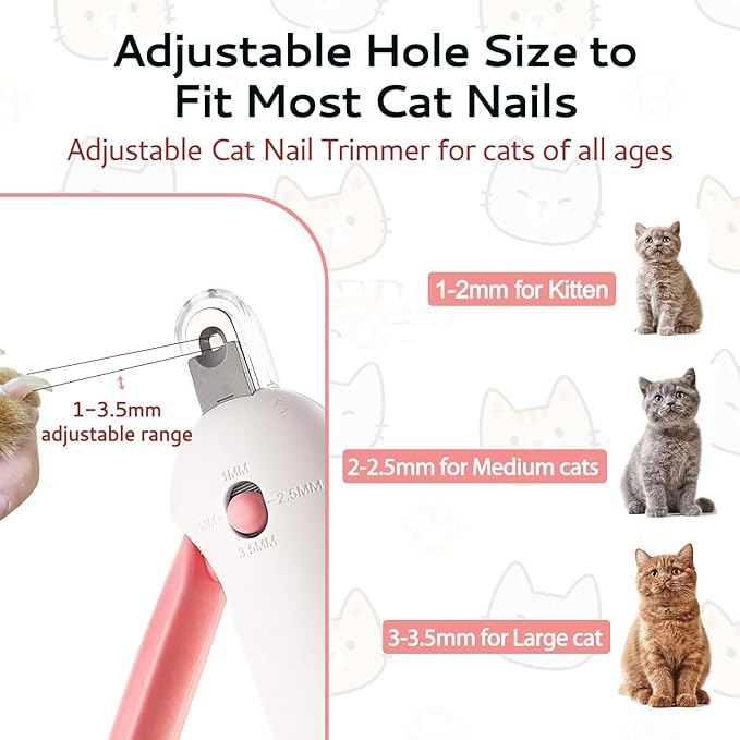 Cat Nail Clipper Adjustable Size, Cat Claw Clippers with 3-Size Trimming Hole & Hidden Nail File Round Hole Blade Pet Grooming Tool for Kittens & Indoor Cats