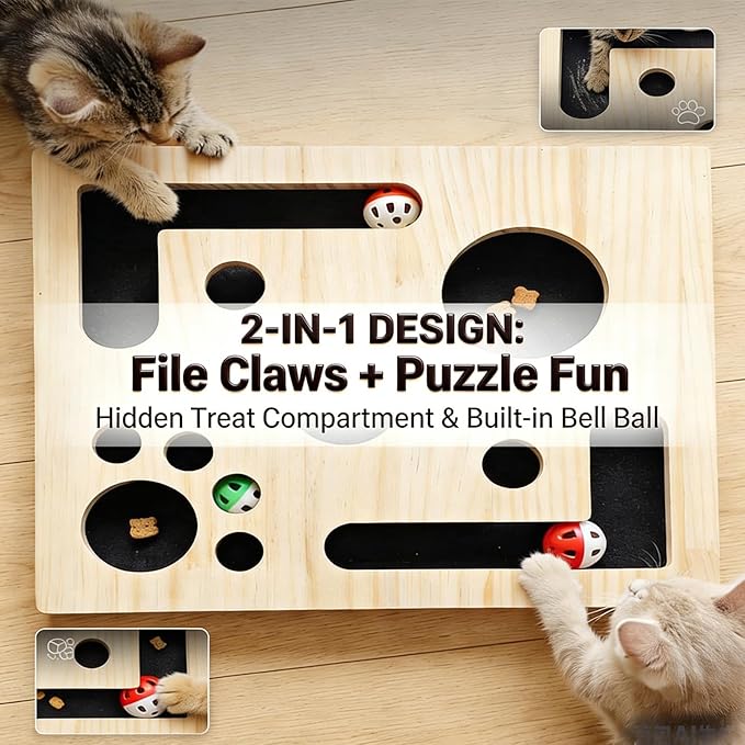 2026 Upgrade Nail File Stress Free Alternative ，Wood Cats Scratch Puzzle Enrichment Box with Bell Ball & Sandpaper Inside，Stress-Free Alternative to Claw Clippers & Grinders (with Sandpaper)