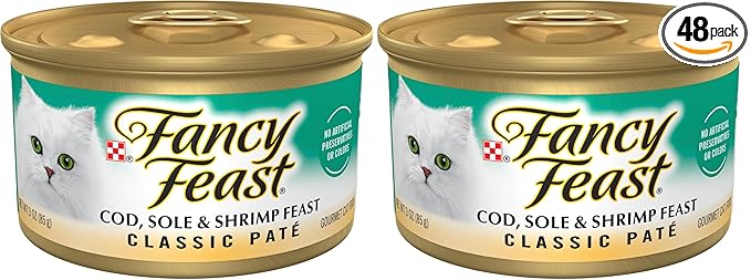 Fancy Feast Purina Cod, Sole and Shrimp Feast Classic Grain Free Wet Cat Food Pate - 3 oz. Cans (Pack of 48)
