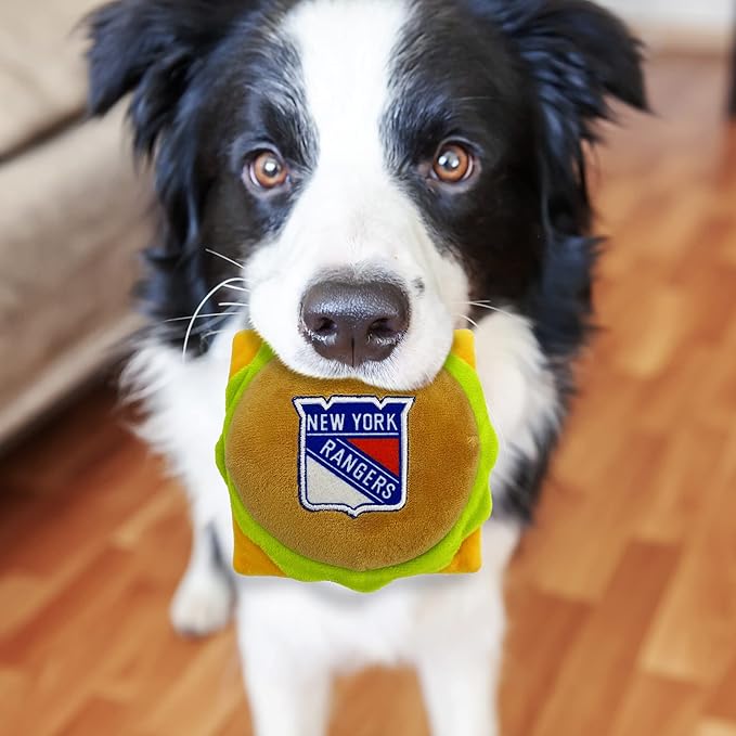 Pets First NHL New York Rangers Crinkle Fine Plush Dog & Cat Squeak Toy - Cutest STADIUM HAMBURGER Plush Toy for Dogs & Cats with INNER SQUEAKER & Beautiful Hockey Team Name/Logo