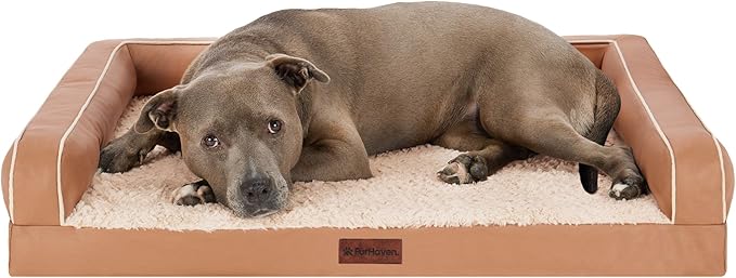 Furhaven Cooling Dog Sofa Bed – Memory Foam Couch with Bolsters, Textured Plush & Water-Resistant Cover, Washable Cover - Camel, Large